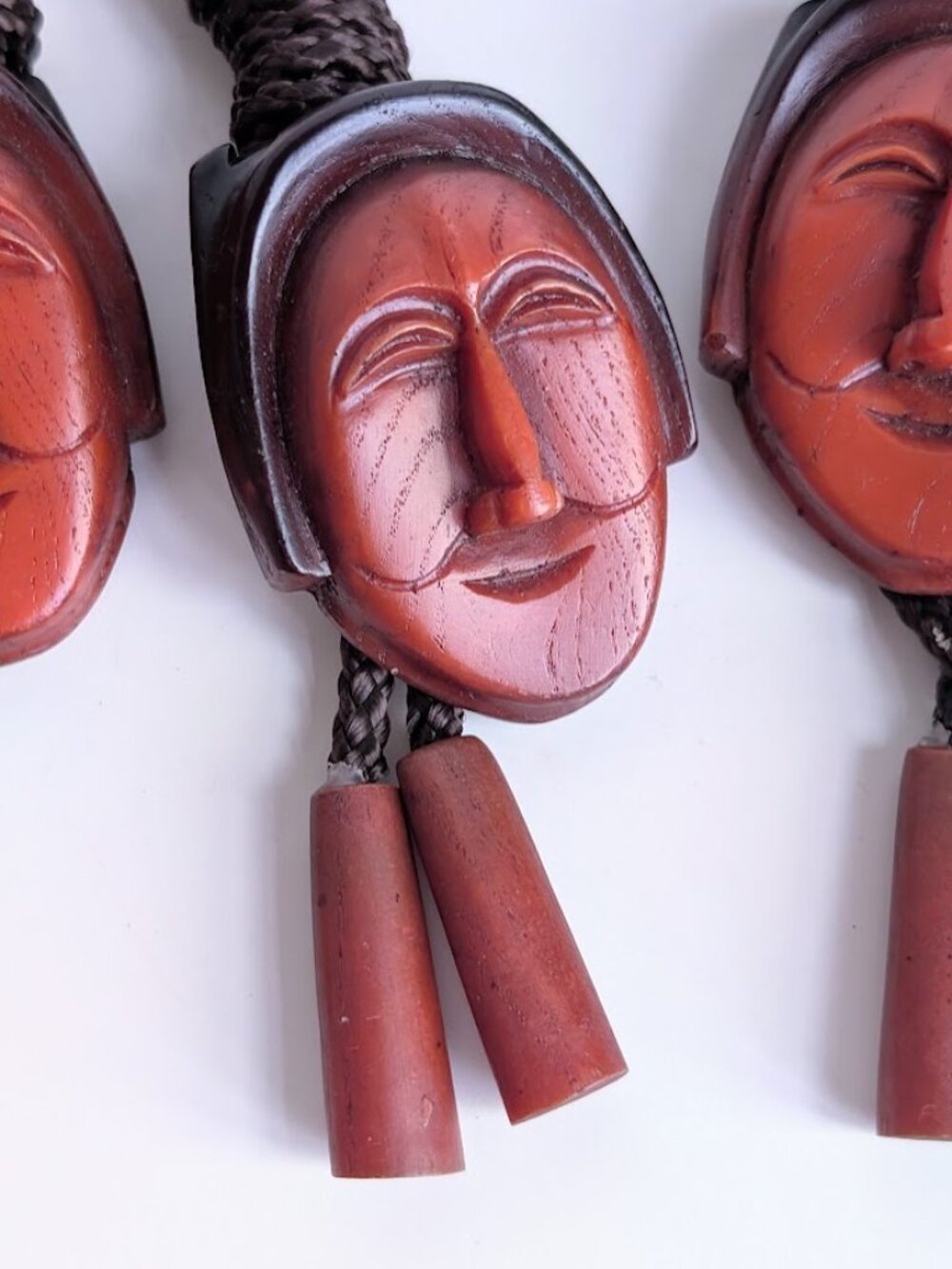 One* Korean Hahoe Mask Bolo Tie: Carved Faux Wood Yangban Aristocrat A1/ A2